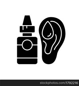 Ear drops black glyph icon. Earwax removing. Ear infections, inflammations prevention. Acute otitis media treatment. Reducing pain. Silhouette symbol on white space. Vector isolated illustration. Ear drops black glyph icon