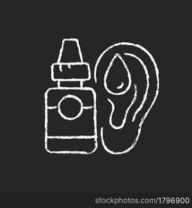 Ear drops chalk white icon on dark background. Earwax removing. Ear infections, inflammations prevention. Acute otitis media treatment. Reducing pain. Isolated vector chalkboard illustration on black. Ear drops chalk white icon on dark background