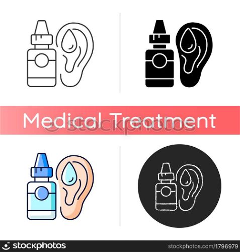 Ear drops icon. Earwax removing. Ear infections, inflammations prevention. Acute otitis media treatment. Reducing discomfort and pain. Linear black and RGB color styles. Isolated vector illustrations. Ear drops icon
