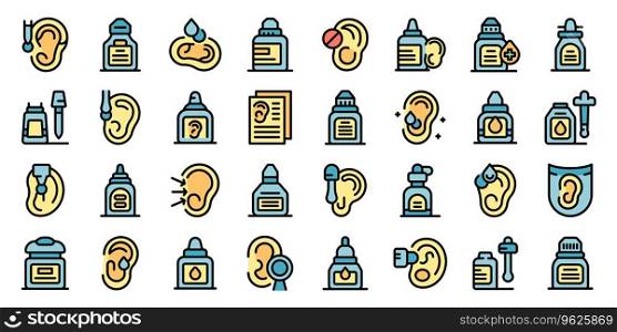 Ear drops icons set outline vector. Doctor bottle. Medicine drops thin line color flat on white. Ear drops icons set vector flat