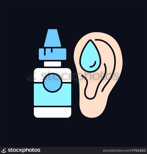 Ear drops RGB color icon for dark theme. Earwax removing. Ear inflammations prevention. Reducing discomfort. Isolated vector illustration on night mode background. Simple filled line drawing on black. Ear drops RGB color icon for dark theme
