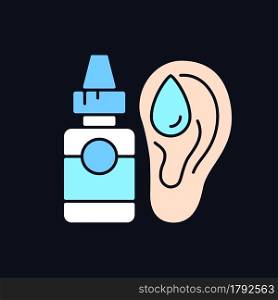 Ear drops RGB color icon for dark theme. Earwax removing. Ear inflammations prevention. Reducing discomfort. Isolated vector illustration on night mode background. Simple filled line drawing on black. Ear drops RGB color icon for dark theme