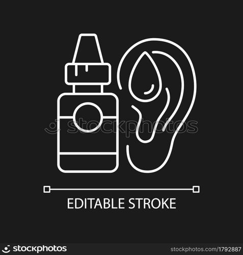 Ear drops white linear icon for dark theme. Earwax removing. Ear inflammations prevention. Thin line customizable illustration. Isolated vector contour symbol for night mode. Editable stroke. Ear drops white linear icon for dark theme