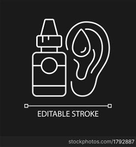 Ear drops white linear icon for dark theme. Earwax removing. Ear inflammations prevention. Thin line customizable illustration. Isolated vector contour symbol for night mode. Editable stroke. Ear drops white linear icon for dark theme