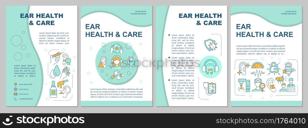 Ear health and care brochure template. Deafness prevention. Flyer, booklet, leaflet print, cover design with linear icons. Vector layouts for presentation, annual reports, advertisement pages. Ear health and care brochure template