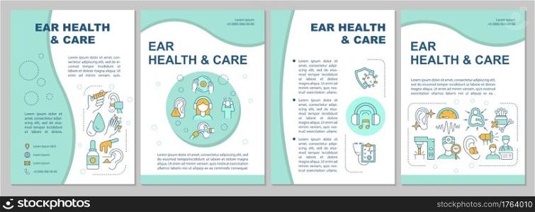 Ear health and care brochure template. Deafness prevention. Flyer, booklet, leaflet print, cover design with linear icons. Vector layouts for presentation, annual reports, advertisement pages. Ear health and care brochure template