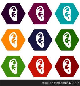 Ear icon set many color hexahedron isolated on white vector illustration. Ear icon set color hexahedron