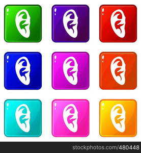 Ear icons of 9 color set isolated vector illustration. Ear set 9