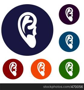 Ear icons set in flat circle reb, blue and green color for web. Ear icons set