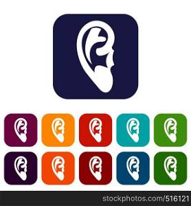 Ear icons set vector illustration in flat style in colors red, blue, green, and other. Ear icons set