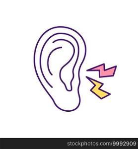 Ear infection RGB color icon. Bacterial, viral infection. Muffled hearing. Sharp stabbing pain. Health problem sign. Infected, swollen adenoids. Allergy and cold. Isolated vector illustration. Ear infection RGB color icon