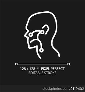 Ear, nose and throat pixel perfect white linear icon for dark theme. Otorhinolaryngological treatment. Medical care. Thin line illustration. Contour symbol. Vector outline drawing. Editable stroke. Ear, nose and throat pixel perfect white linear icon for dark theme