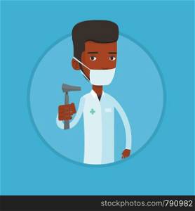 Ear nose throat doctor holding medical tool. Doctor in medical gown and mask with tools used for examination of ear, nose, throat. Vector flat design illustration in the circle isolated on background.. Ear nose throat doctor vector illustration.