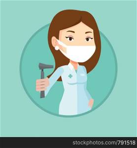 Ear nose throat doctor holding medical tool. Young doctor in medical gown showing tools used for examination of ear, nose, throat. Vector flat design illustration in the circle isolated on background.. Ear nose throat doctor vector illustration.