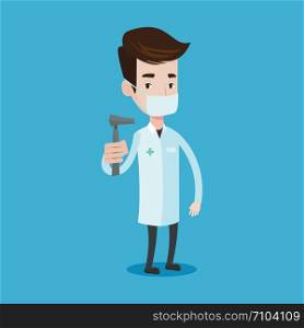 Ear nose throat doctor standing in the medical office. Young doctor in medical gown and mask with tools used for examination of ear, nose, throat. Vector flat design illustration. Square layout.. Ear nose throat doctor vector illustration.