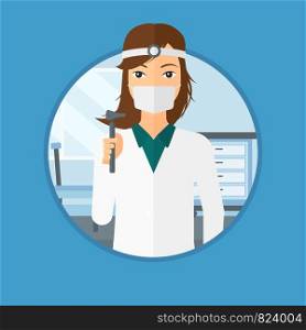 Ear nose throat doctor standing in the medical office. Doctor with tools used for examination of ear, nose, throat. Vector flat design illustration in the circle isolated on background.. Ear nose throat doctor.