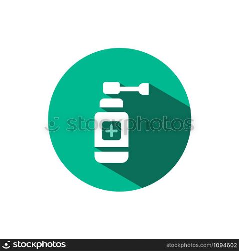 Ear spray icon with shadow on a green circle. Flat color vector pharmacy illustration