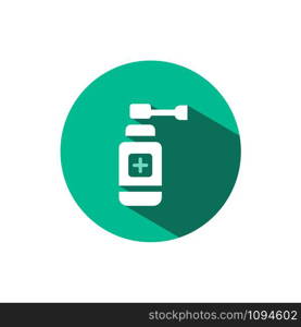 Ear spray icon with shadow on a green circle. Flat color vector pharmacy illustration