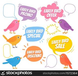 Early birds. Trendy design with bird and speech bubble, special offer sale, promotion market, discount advertising price cartoon vector set. Notification with promo. Trendy design template. Early birds. Trendy design with bird and speech bubble, special offer sale, promotion market, discount advertising price cartoon vector set