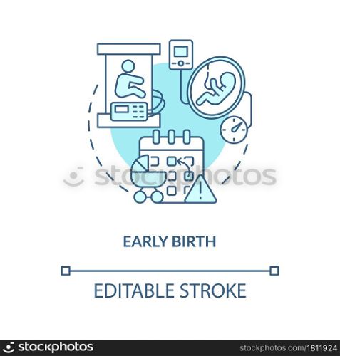 Early birth blue concept icon . Premature childbirth abstract idea thin line illustration. Statutory maternity leave in case of preterm labor. Vector isolated outline color drawing. Editable stroke. Early birth blue concept icon