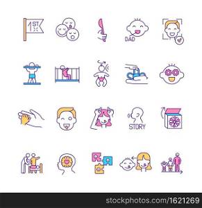 Early childhood development RGB color icons set. Infant having fun and learning skills. Emotional intelligence development. Growing up. Raising child. Children care. Isolated vector illustrations. Early childhood development RGB color icons set