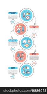 Early childhood development stages vector infographic template. Childcare presentation design elements. Data visualization with 5 steps. Process timeline chart. Workflow layout with linear icons. Early childhood development stages vector infographic template