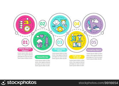 Early developmental milestones in babies vector infographic template. Childcare presentation design elements. Data visualization with 5 steps. Process timeline chart. Workflow layout with linear icons. Early developmental milestones in babies vector infographic template