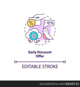 Early discount offer concept icon. Free SaaS trial idea thin line illustration. Pricing discounts for revenue growth. Limited-time offer. Vector isolated outline RGB color drawing. Editable stroke. Early discount offer concept icon