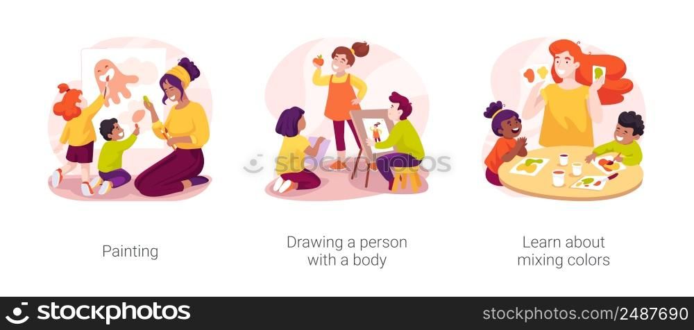 Early education isolated cartoon vector illustration set. Painting and drawing a person with a body, learn about mixing colors, transitional kindergarten curriculum, art play vector cartoon.. Early education isolated cartoon vector illustration set