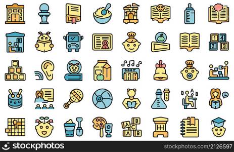 Early educations icons set outline vector. Baby learn. Children school. Early educations icons set vector flat