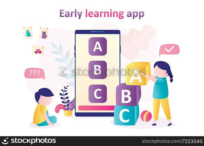Early learning app on smartphone screen. Boy and girl playing with blocks. Kids learn alphabet using application. Children plays learning game. Online education.Trendy flat vector illustration. Early learning app on smartphone screen. Boy and girl playing with blocks. Kids learn alphabet using application. Children plays learning game