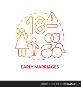 Early marriages red gradient concept icon. Teenagers and children. Social effect of overcrowding abstract idea thin line illustration. Isolated outline drawing. Myriad Pro-Bold fonts used. Early marriages red gradient concept icon