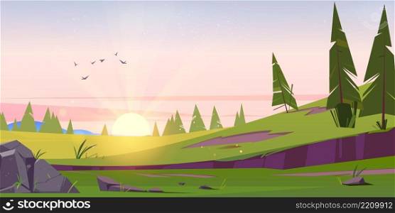 Early morning cartoon nature landscape with sun rising over green field with conifers trees and rocks under pink sky with flying birds. Scenery background, summer or spring meadow, Vector illustration. Early morning cartoon nature landscape, sunrise
