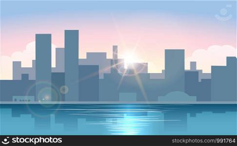 Early Morning cityscape. Sunrise in town on a water. Morning Urban cityscape. Vector illustration