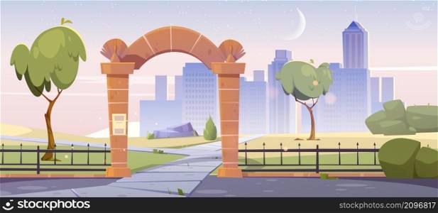 Early morning cityscape view with stone gates, entrance to city garden or park. Urban skyline with metal fence and trees. Sunrise background with crescent in pink sky, Cartoon vector illustration. Early morning cityscape with stone gates, sunrise