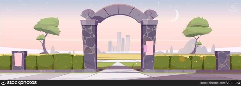 Early morning cityscape with stone gates, entrance to city garden or park. Urban skyline with hedge fence and trees. Sunrise background with pink sky, crescent and stars, Cartoon vector illustration. Early morning cityscape with stone gates, sunrise