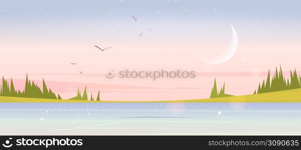 Early morning summer nature landscape, with lake, green field and conifers trees. Scenery valley, pond and spruces under pink sky with crescent, stars and birds, Cartoon tranquil vector background. Early morning summer nature landscape, dawn scene