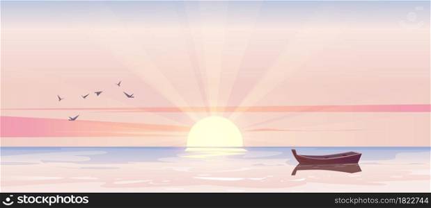 Early morning sunrise seascape, lonely wooden boat on sea or ocean picturesque landscape. Nature background with skiff floating on calm water with birds flying in pink sky, Cartoon vector illustration. Early morning scenery seascape, lonely wooden boat