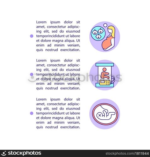 Early, multiple births and stillbirths concept line icons with text. PPT page vector template with copy space. Brochure, magazine, newsletter design element. Linear illustrations on white. Early, multiple births and stillbirths concept line icons with text