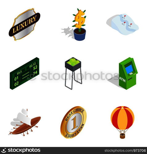 Earn icons set. Isometric set of 9 earn vector icons for web isolated on white background. Earn icons set, isometric style