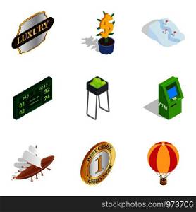 Earn icons set. Isometric set of 9 earn vector icons for web isolated on white background. Earn icons set, isometric style