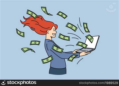 Earning and making money in internet concept. Young smiling woman cartoon character standing holding laptop with flying heaps of cash currency vector illustration . Earning and making money in internet concept.