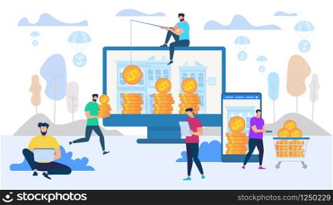 Earning and Spending Money in Internet Using Digital Technologies. Man Work on Laptop, Guy Push Trolley with Money, Male Person Catch Golden Coins from PC Monitor. Cartoon Flat Vector Illustration.. Earning and Spending Money in Internet Concept