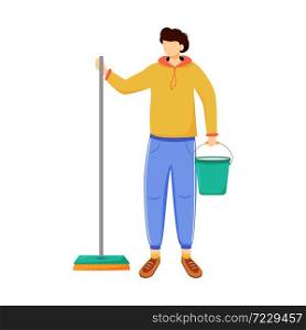 Earning money flat vector illustration. Cleaning floor, apartment. Working as cleaner. Job for student, youth. Boy with mop and bucket. Work options isolated cartoon character on white background. Earning money flat vector illustration