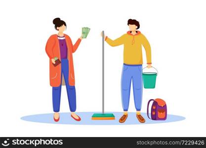 Earning money flat vector illustration. Getting ready for trip, vacation. Working as cleaner. Work for student, youth. Voyage preparation isolated cartoon character on white background. Earning money flat vector illustration