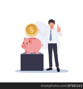 Earning, saving and investing money concept. A man is holding a huge golden dollar coin near piggy bank and doing thumb up. Flat vector cartoon character illustration