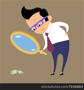 Earnings Finance and business. Businessman looking for money in magnifying glass. Businessman looking for money in magnifying glass