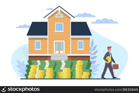 Earnings from renting or selling house, businessman carries gold coin as symbol of real estate income. Housing revenue or profit. Mortgage loan cartoon flat style isolated illustration. Vector concept. Earnings from renting or selling house, businessman carries gold coin as symbol of real estate income. Housing revenue or profit. Mortgage loan cartoon flat style isolated vector concept