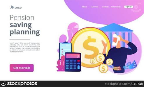 Earnings fund, budget calculating, social security. Retirement preparation, financial savings of retirees, pension saving planning concept. Website homepage landing web page template.. Retirement preparation concept landing page.
