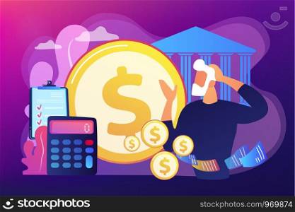 Earnings fund, budget calculating, social security. Retirement preparation, financial savings of retirees, pension saving planning concept. Bright vibrant violet vector isolated illustration. Retirement preparation concept vector illustration.